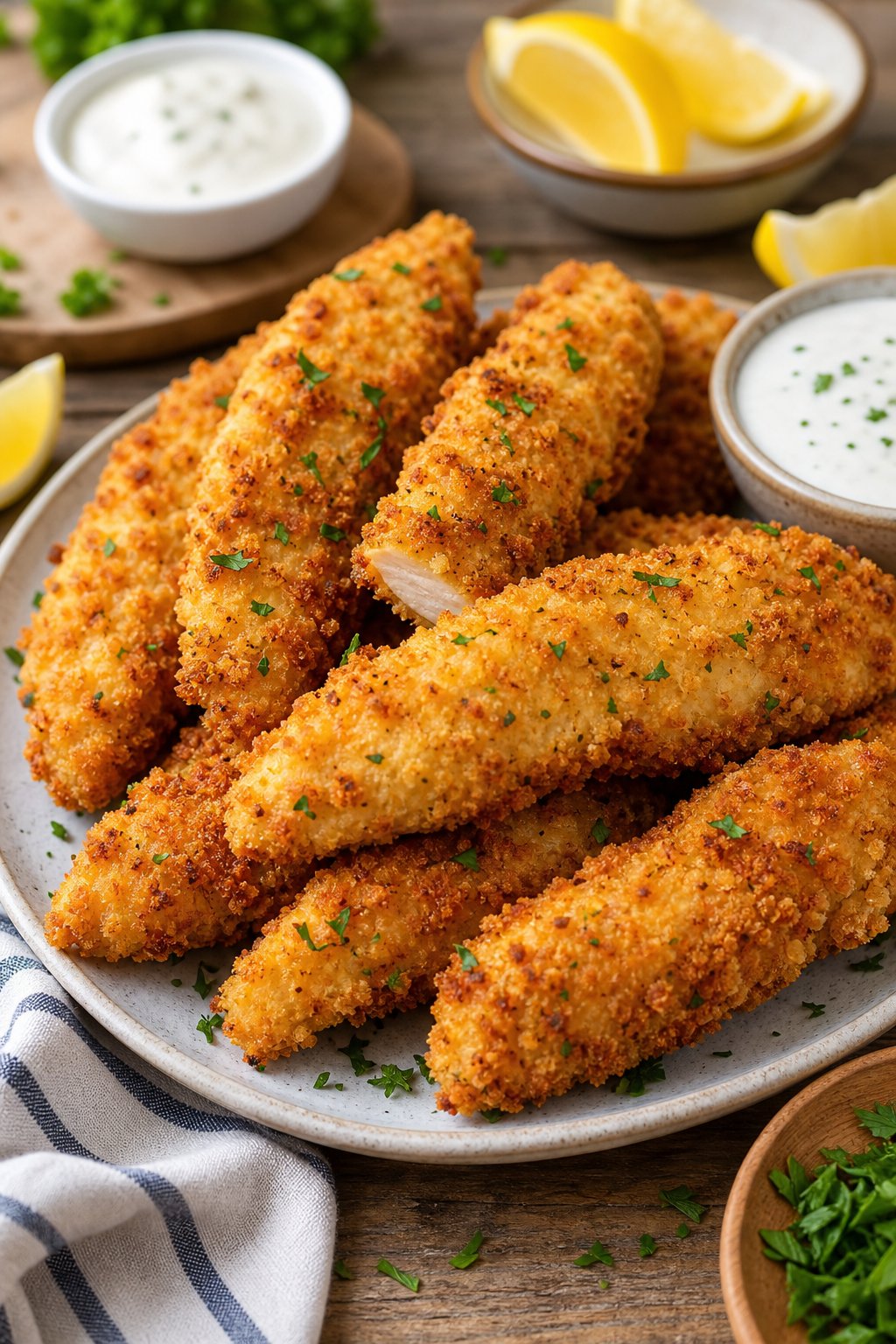Crispy panko-crusted chicken tenders on a white plate with a bowl of ranch dipping sauce and lemon wedges on a wooden table.