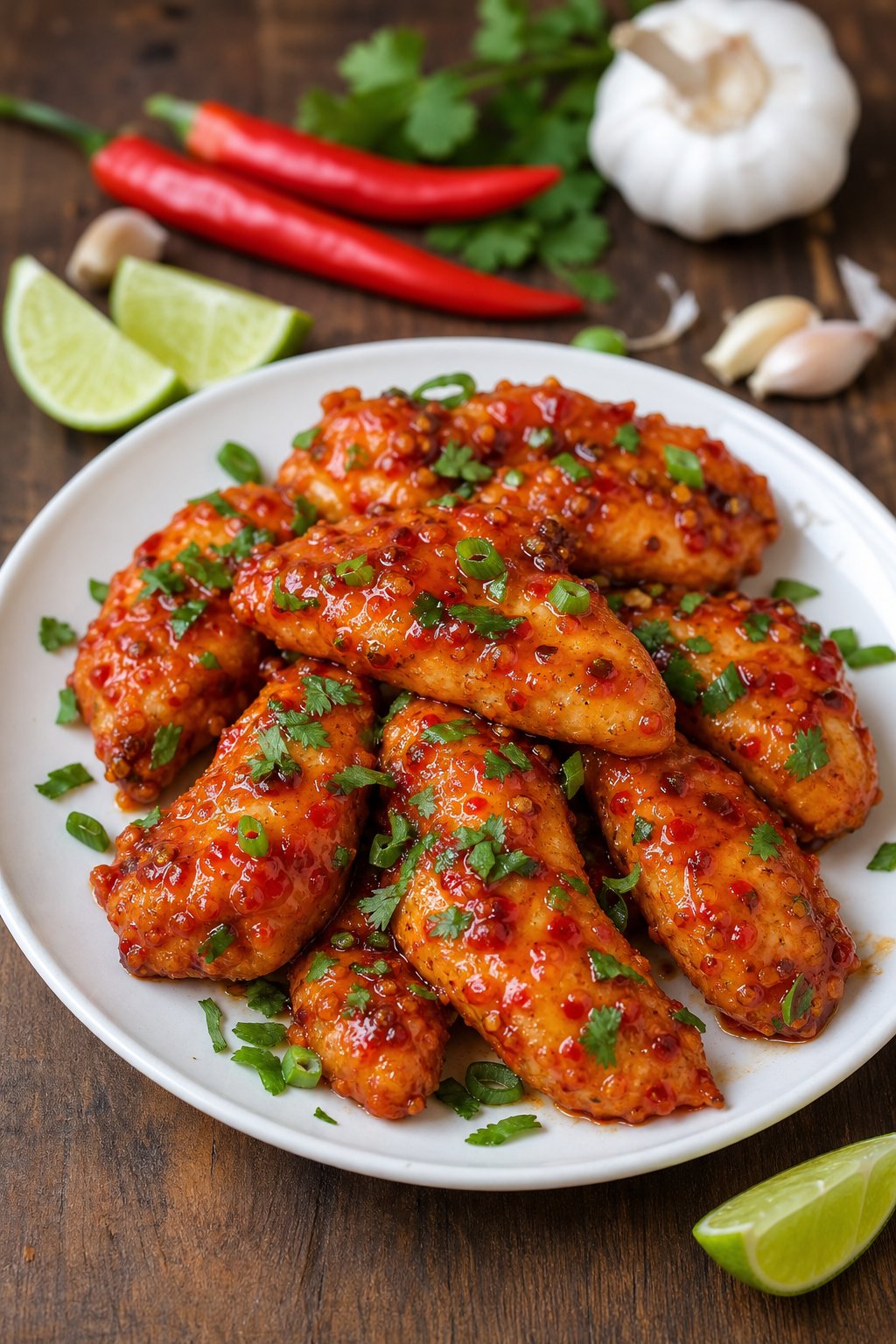 Glossy sweet chili glazed chicken tenderloins garnished with sliced green onions on a wooden table, with fresh chili peppers and lime wedges arranged nearby.