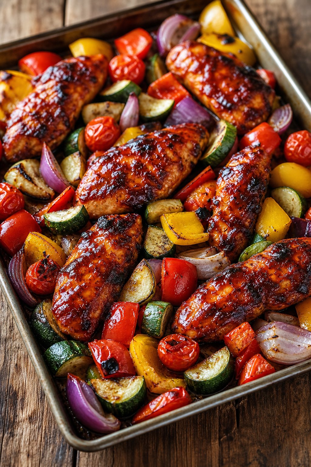 A foil-lined sheet pan with saucy BBQ chicken tenderloins on one side and roasted broccoli, red bell pepper, and baby carrots on the other.