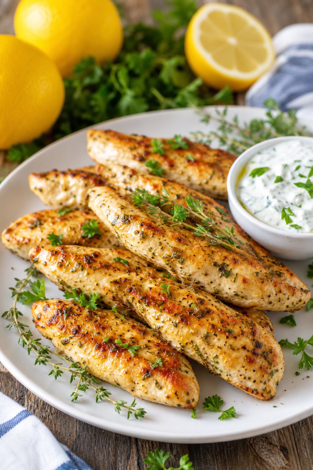 Herb-flecked chicken tenders on a white plate with a small bowl of dipping sauce and fresh parsley scattered on a wooden table.