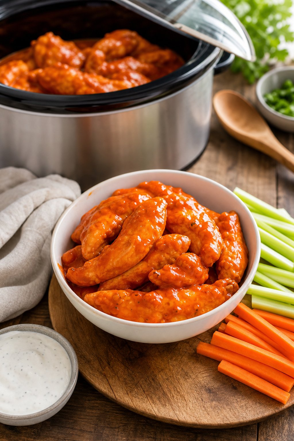 A bowl of saucy buffalo-coated chicken tenderloins served with celery sticks and carrot sticks, with a slow cooker visible in the background.