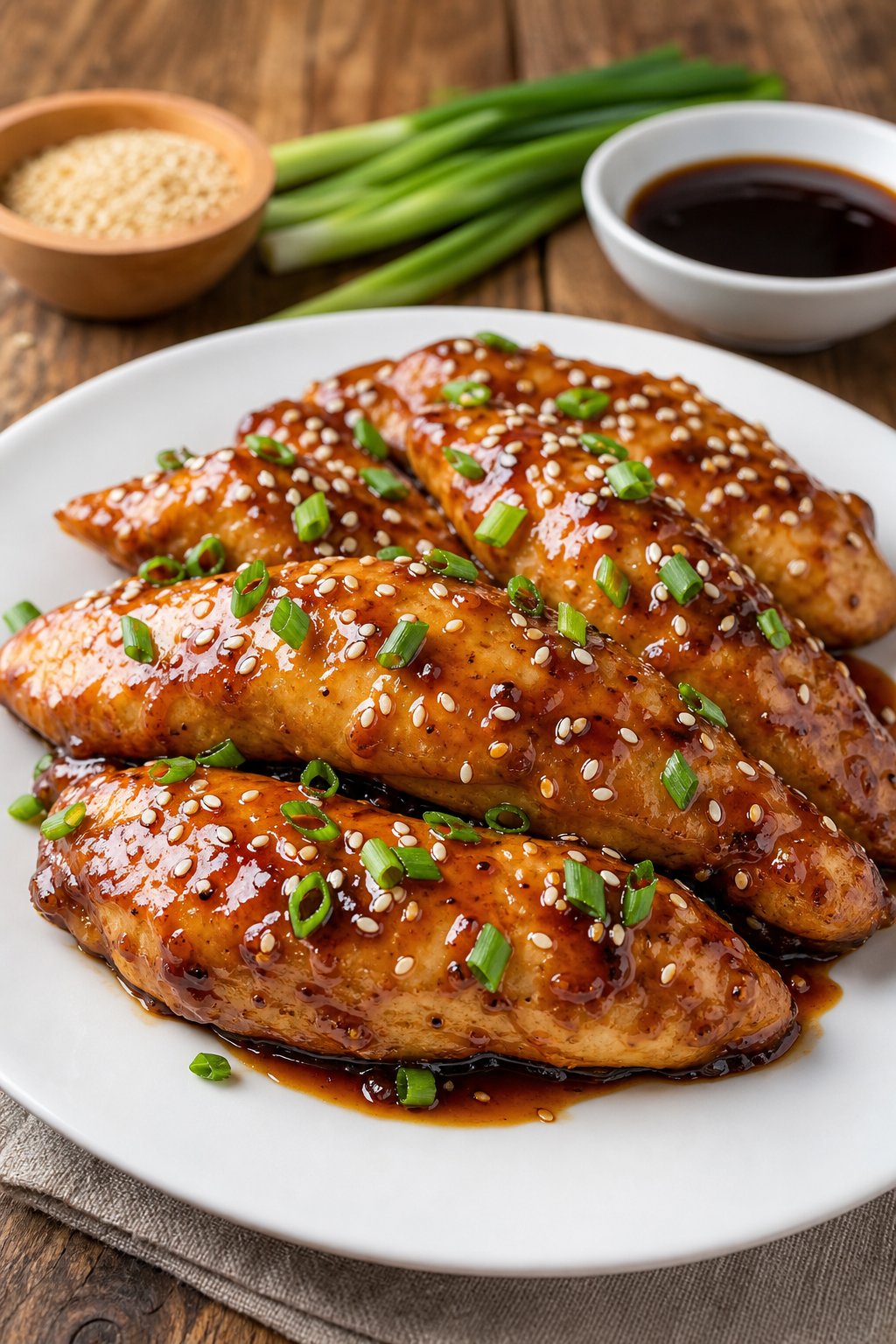 Teriyaki glazed chicken tenderloins topped with sesame seeds and sliced green onions on a white plate over a wooden table.