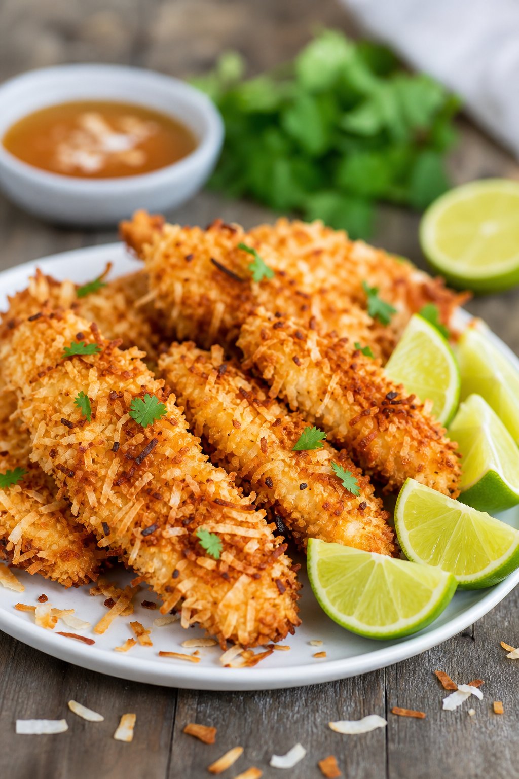Crispy coconut-crusted chicken tenderloins arranged on a white plate with fresh lime wedges on a wooden surface.
