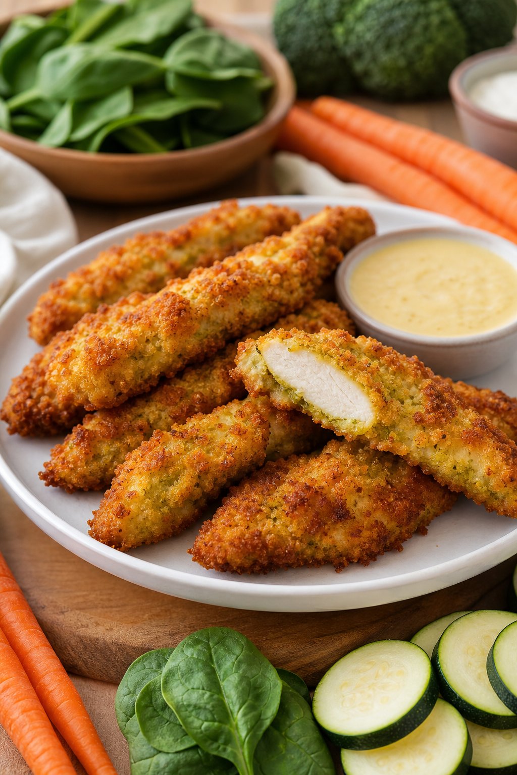 Crispy golden chicken tenders on a white plate next to a small bowl of dipping sauce and a few fresh vegetable pieces.