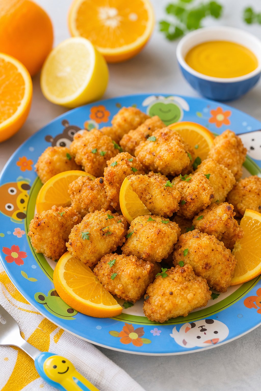 A plate of small crispy citrus popcorn chicken bites with fresh orange slices and a bowl of dipping sauce on a kitchen table.
