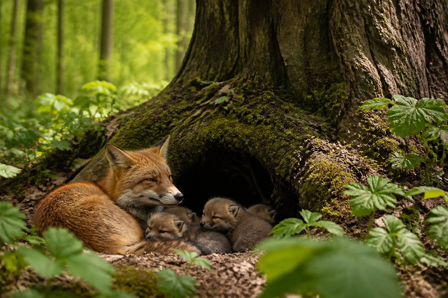 A red fox mother resting near her newborn cubs inside a den in a forest.