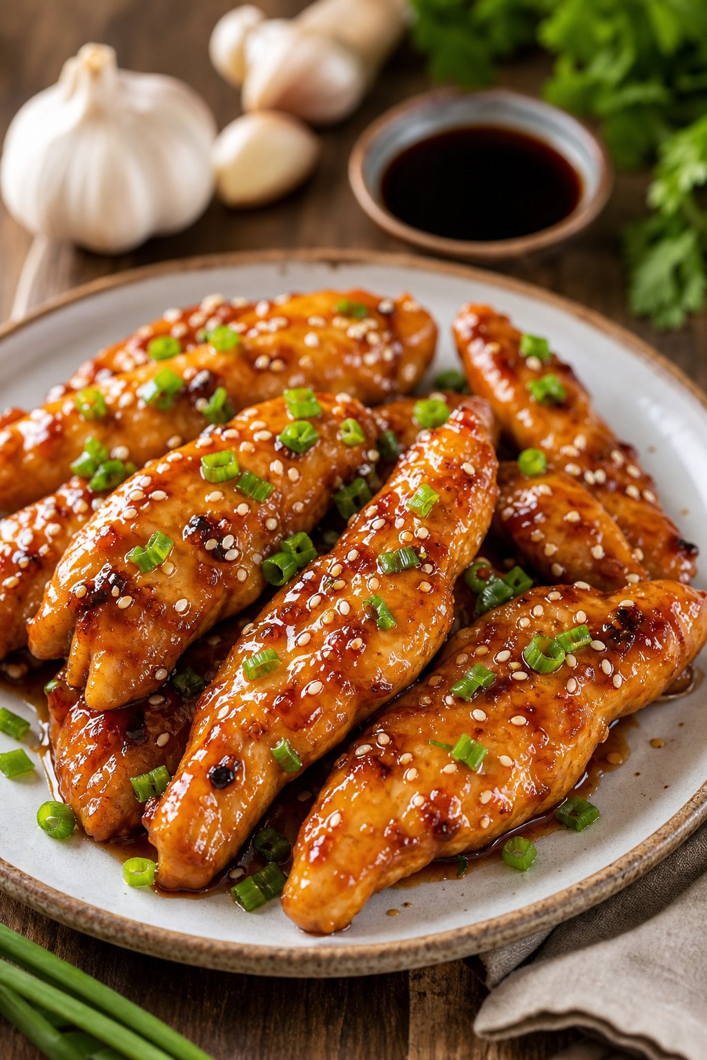 Glazed maple-soy chicken tenderloins topped with sesame seeds and sliced green onions on a wooden serving board.