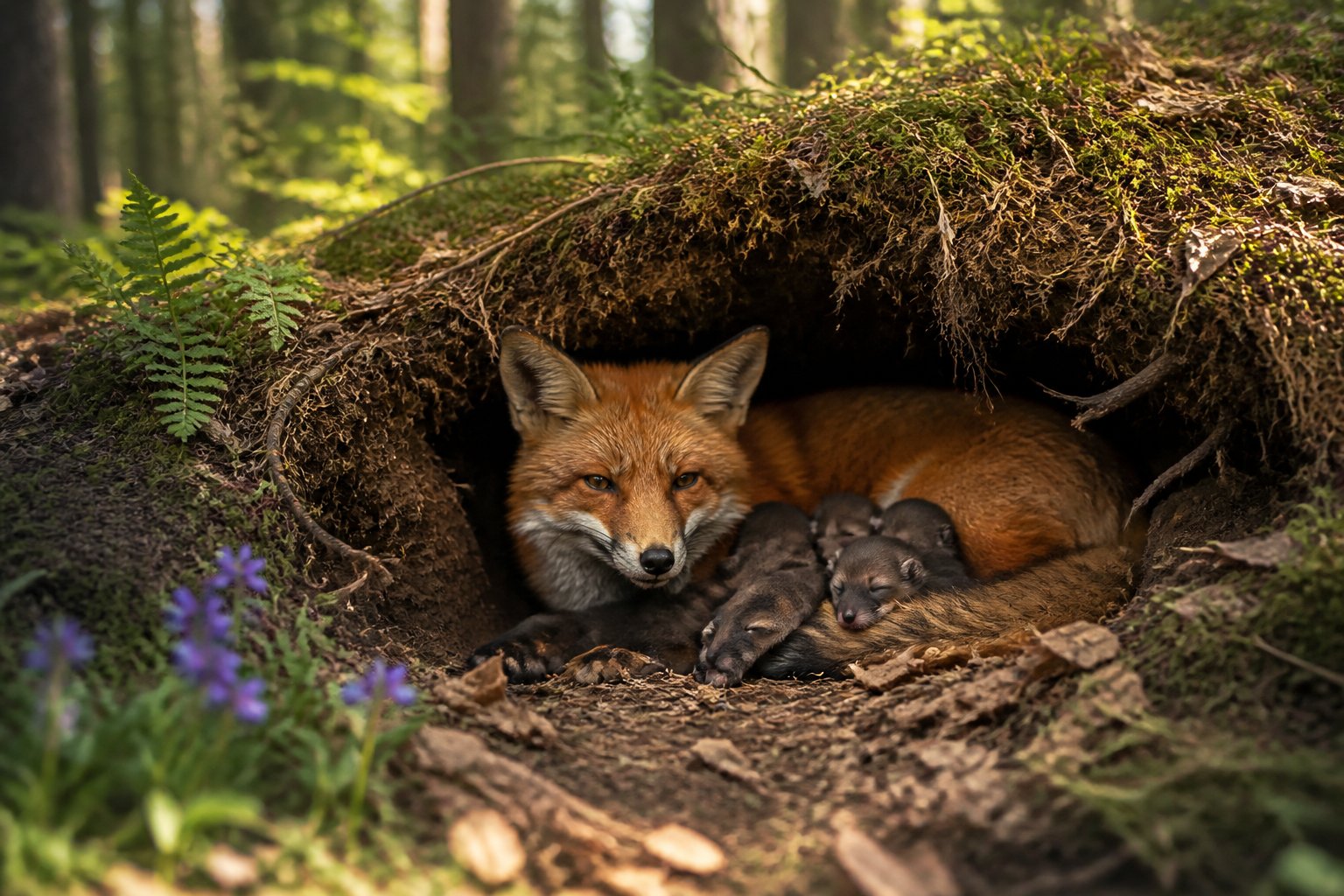 A mother fox with her newborn kits inside a forest den surrounded by trees and natural vegetation.