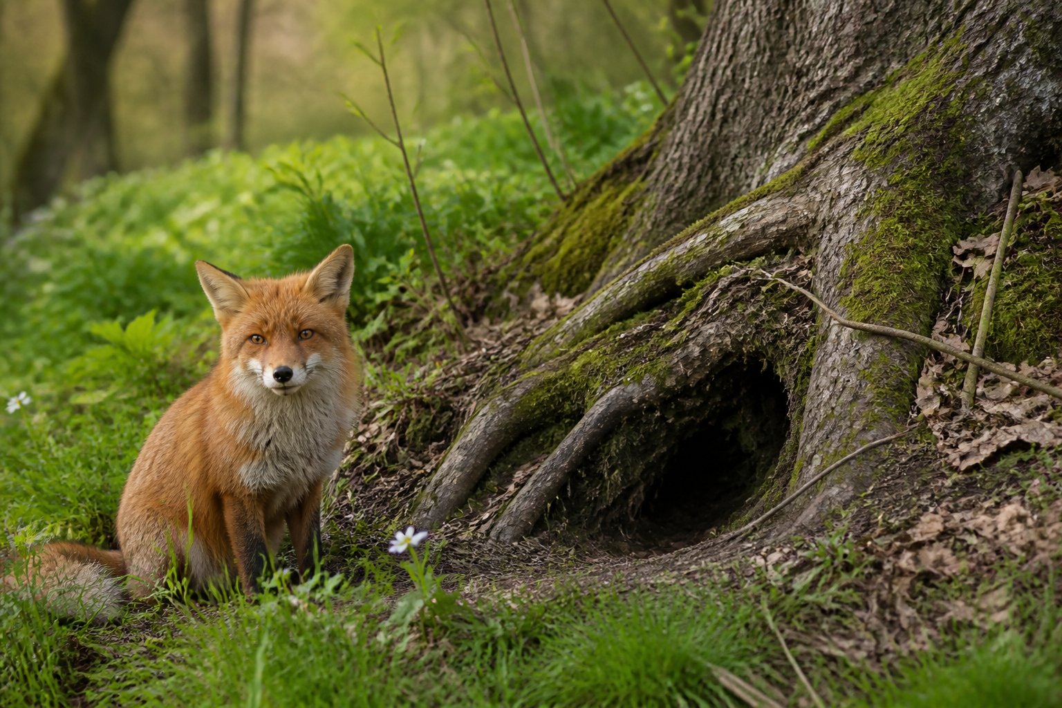 A red fox near the entrance of its den hidden among tree roots and green grass in a forest.