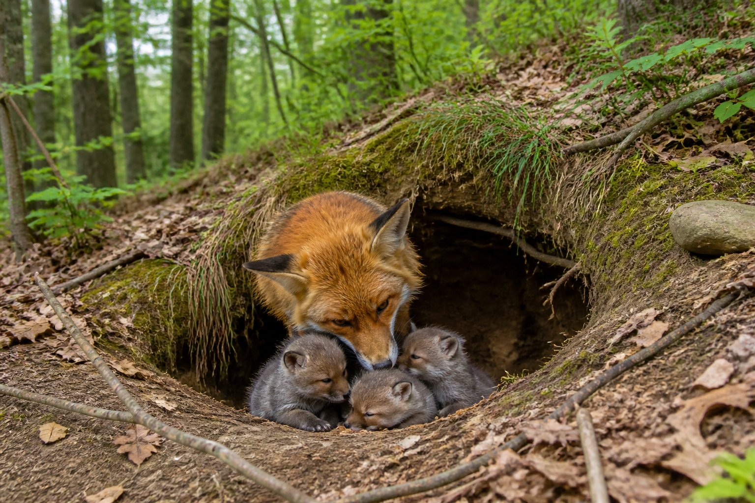 A red fox mother with her newborn kits near the entrance of a den in a forest setting.