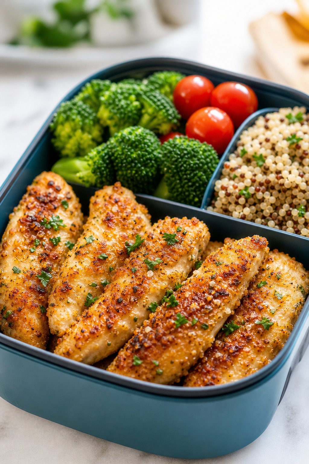 Close-up of garlic-Parmesan baked chicken tenderloins packed neatly alongside colorful vegetables inside a divided lunchbox.