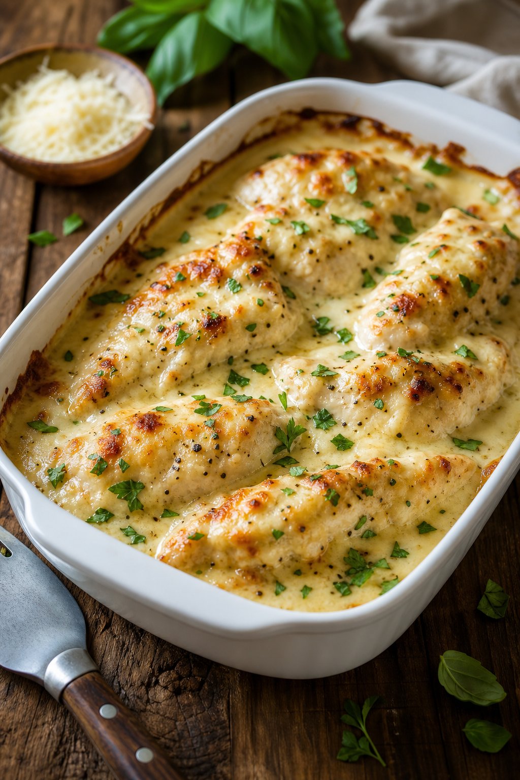 A creamy chicken tenderloin Alfredo bake in a white casserole dish, bubbling at the edges and topped with melted mozzarella and chopped parsley.