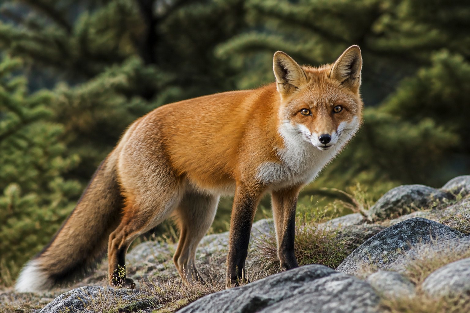 A wild fox standing alert on rocky ground with a forest background.