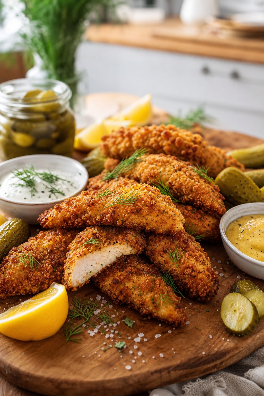 Golden crispy chicken tenders on a wooden board garnished with fresh dill, served with two small bowls of dipping sauce.