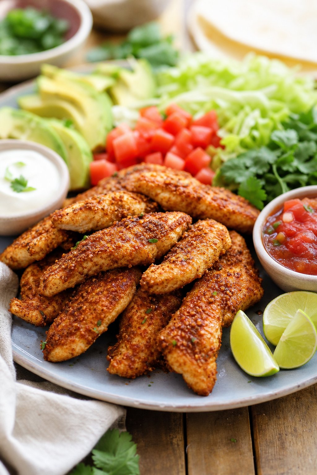 Sliced taco-seasoned chicken tender strips on a plate surrounded by fresh taco toppings including diced tomatoes, sliced avocado, shredded lettuce, cilantro, lime wedges, and small bowls of salsa and sour cream.