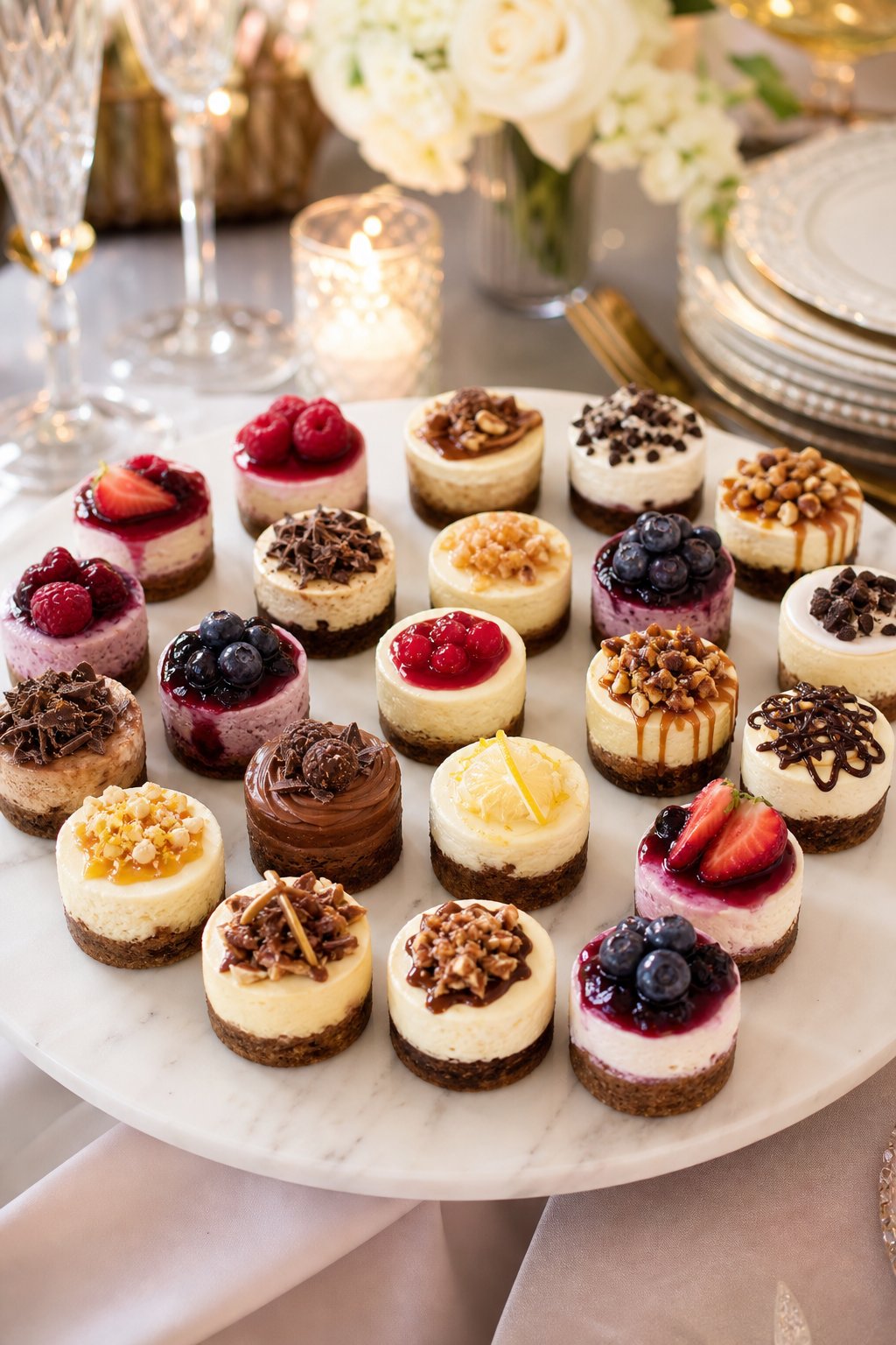 22 Mini Cheesecake Recipes for Parties That Will Make You the Host with the Most 2 A platter with an assortment of mini cheesecakes topped with berries, chocolate, and nuts on a table set for a party.