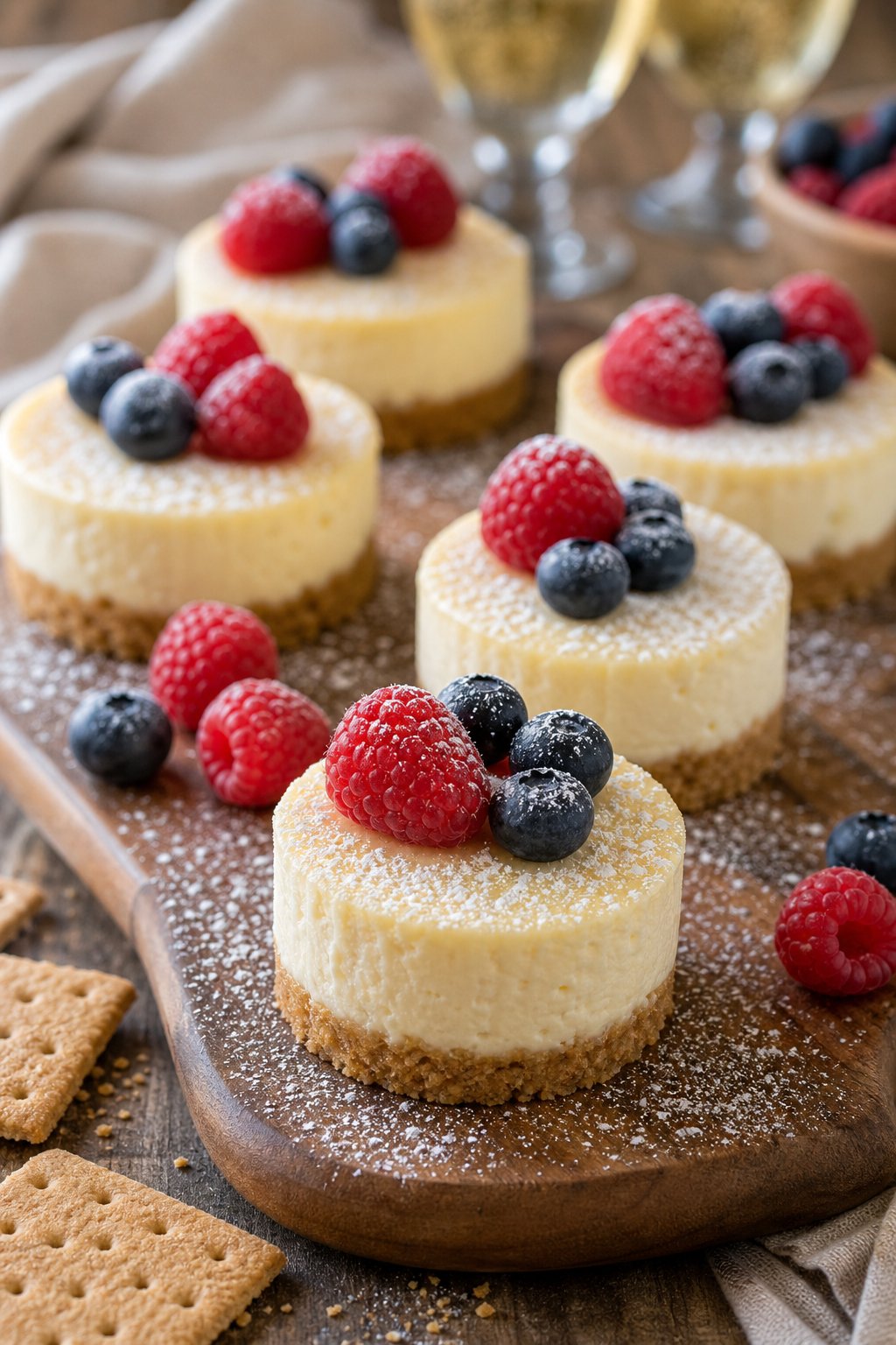 22 Mini Cheesecake Recipes for Parties That Will Make You the Host with the Most 3 Close-up of several mini cheesecakes with graham cracker crusts topped with fresh berries on a wooden board.