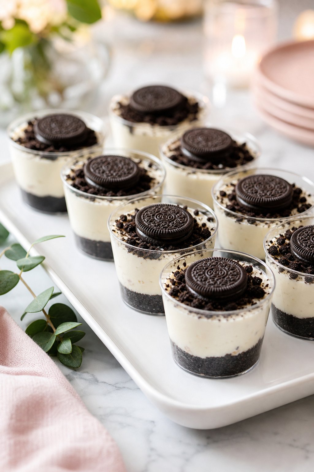 22 Mini Cheesecake Recipes for Parties That Will Make You the Host with the Most 4 A platter of mini Oreo cheesecake cups topped with mini Oreo cookies, arranged for a party setting.