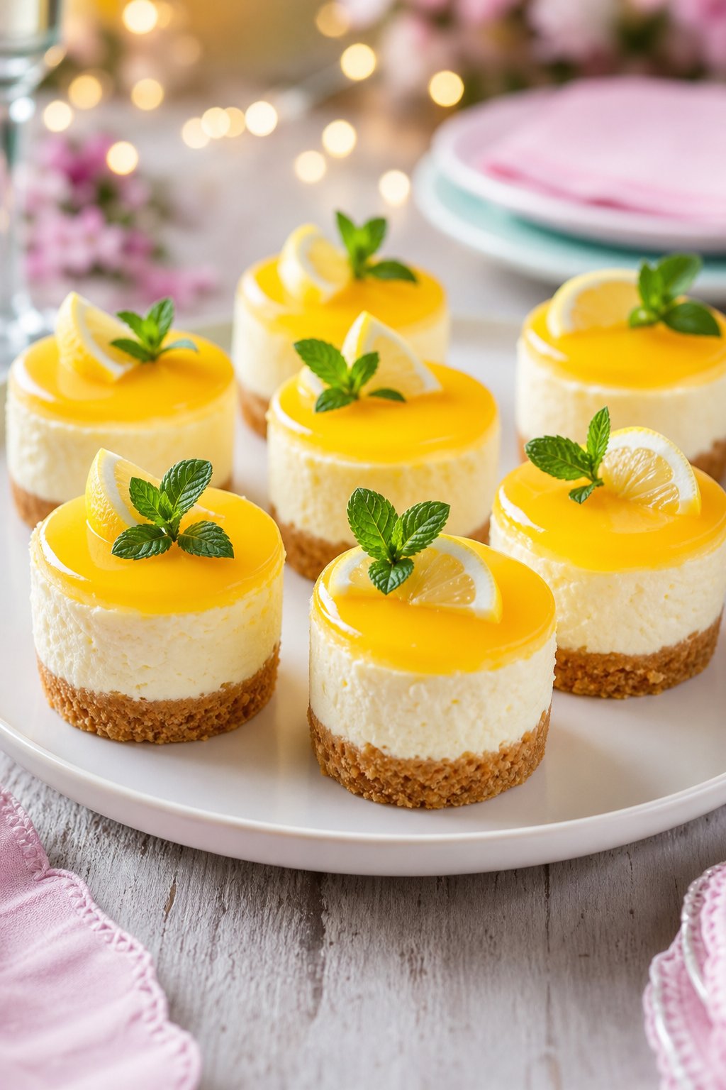22 Mini Cheesecake Recipes for Parties That Will Make You the Host with the Most 5 A plate of lemon curd mini cheesecakes garnished with lemon slices and mint on a wooden table with blurred party decorations in the background.