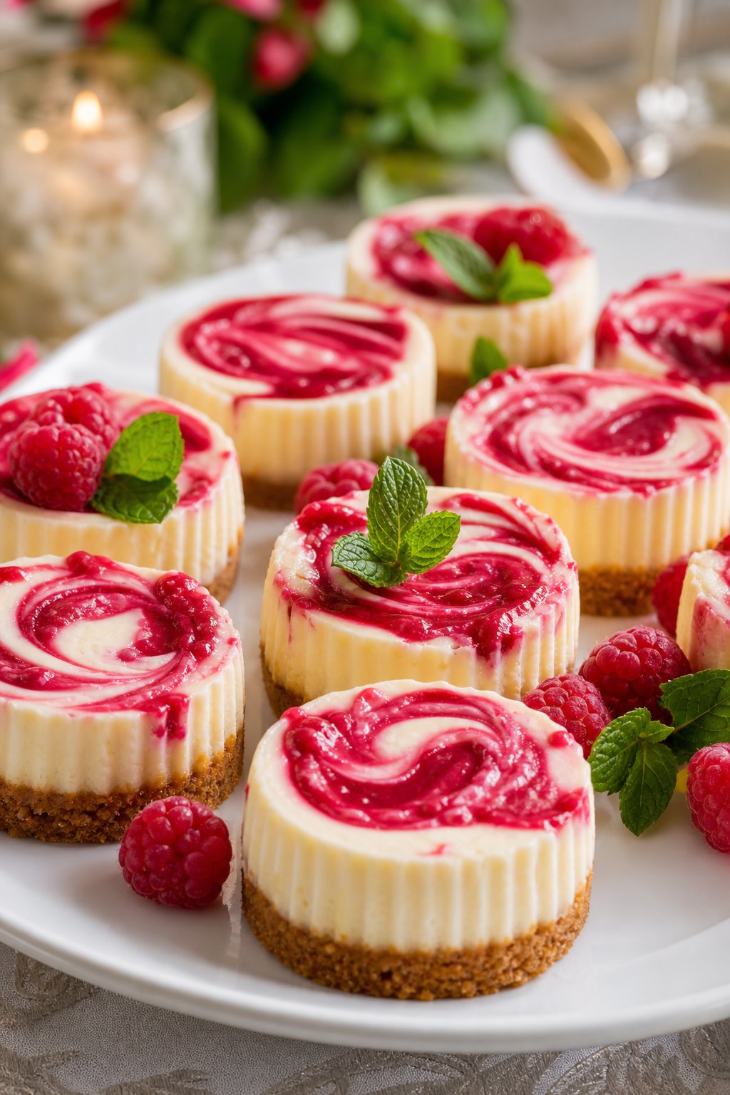 22 Mini Cheesecake Recipes for Parties That Will Make You the Host with the Most 6 Plate of raspberry swirl mini cheesecakes with fresh raspberries and mint leaves on a festive table.