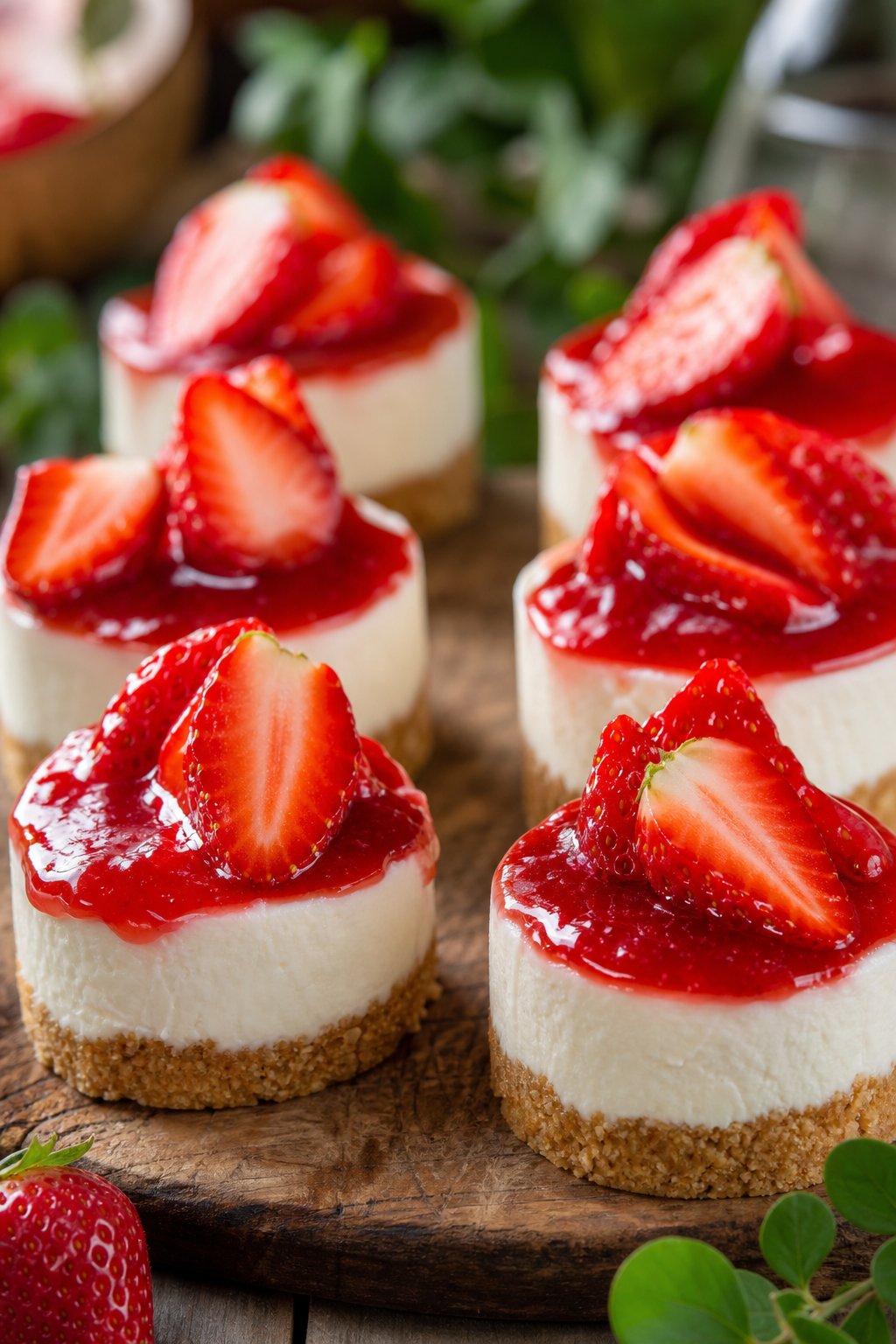 22 Mini Cheesecake Recipes for Parties That Will Make You the Host with the Most 7 Close-up of several no-bake strawberry mini cheesecakes topped with fresh strawberry slices on a wooden serving board.