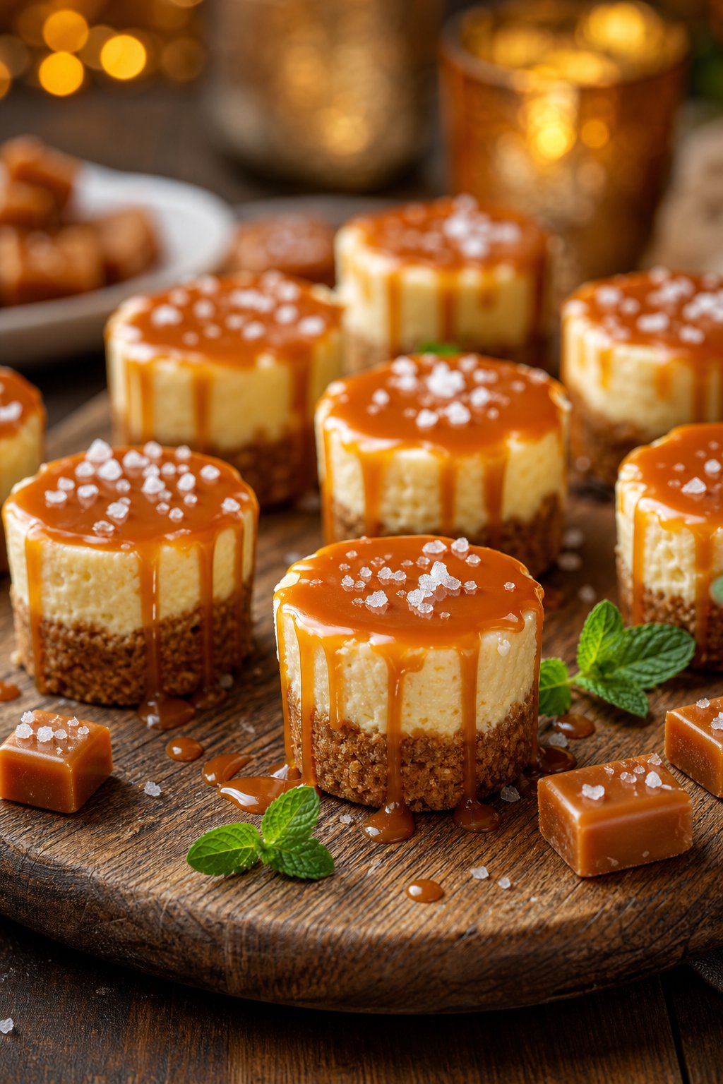 22 Mini Cheesecake Recipes for Parties That Will Make You the Host with the Most 8 A wooden board displaying mini salted caramel cheesecakes topped with caramel drizzle and sea salt flakes, surrounded by caramel candies and mint leaves.