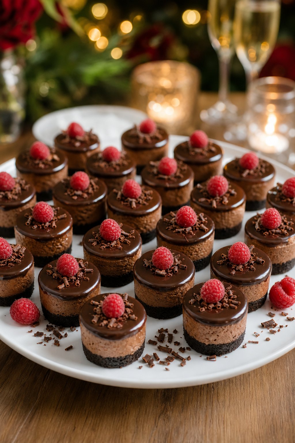22 Mini Cheesecake Recipes for Parties That Will Make You the Host with the Most 9 A platter of 22 mini chocolate ganache cheesecakes garnished with chocolate shavings and raspberries on a wooden table with a blurred festive background.