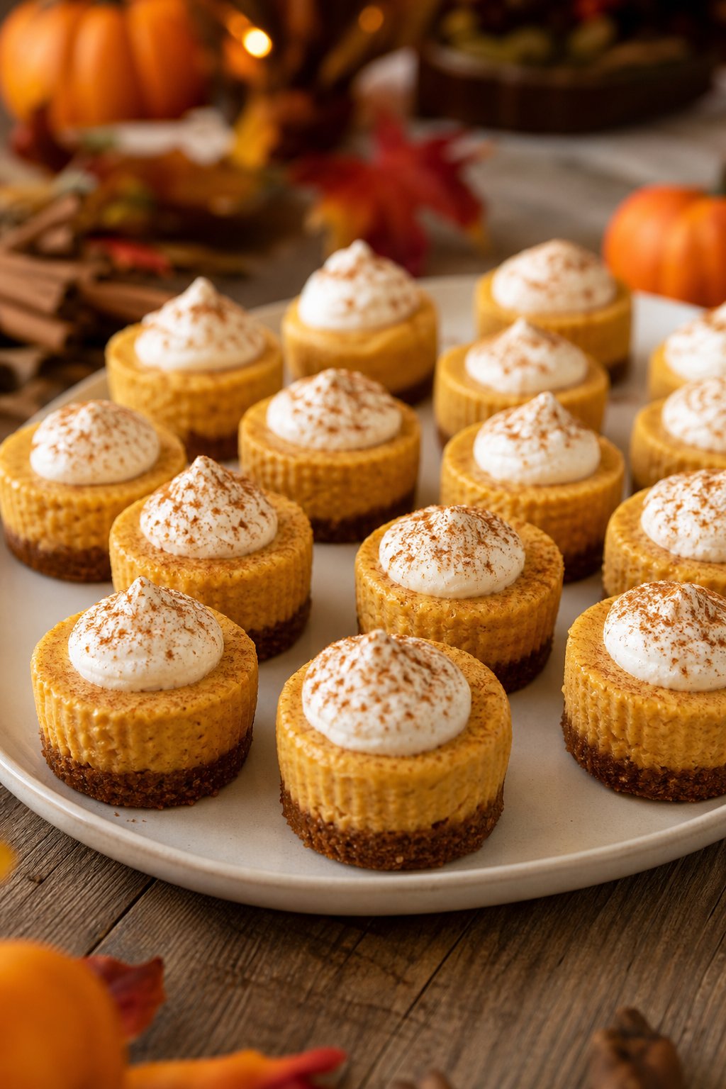 22 Mini Cheesecake Recipes for Parties That Will Make You the Host with the Most 10 A platter of pumpkin spice mini cheesecakes topped with whipped cream and cinnamon, arranged on a wooden table with autumn decorations in the background.