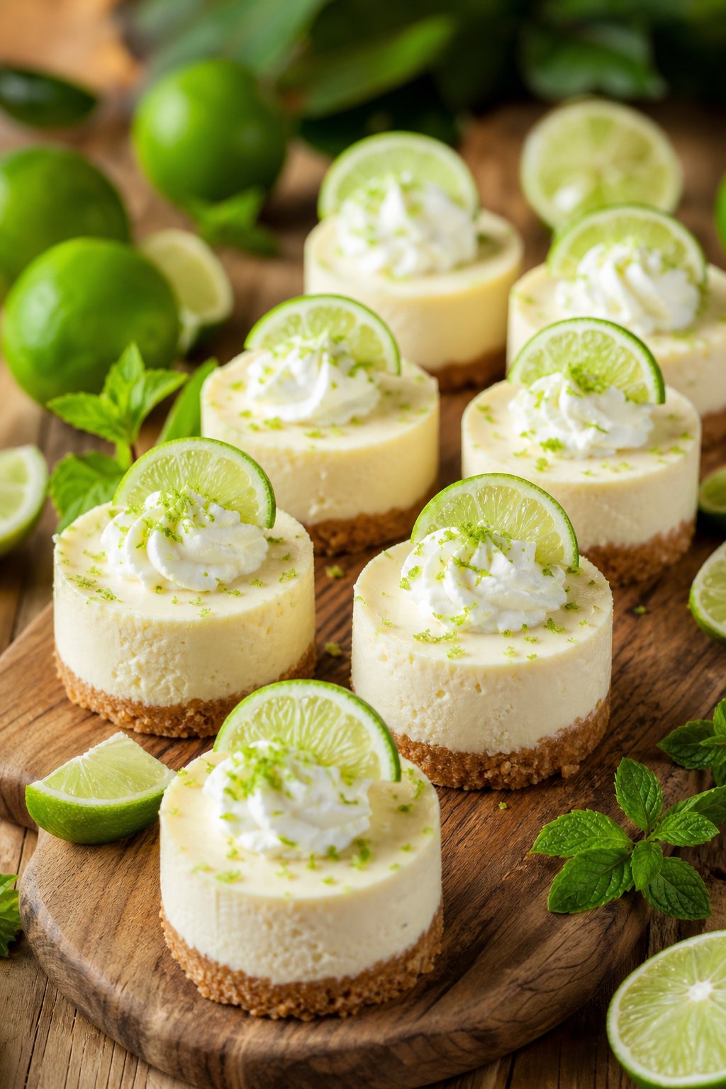 22 Mini Cheesecake Recipes for Parties That Will Make You the Host with the Most 11 A wooden board with several mini key lime cheesecakes topped with lime slices and whipped cream, surrounded by fresh limes and mint leaves.