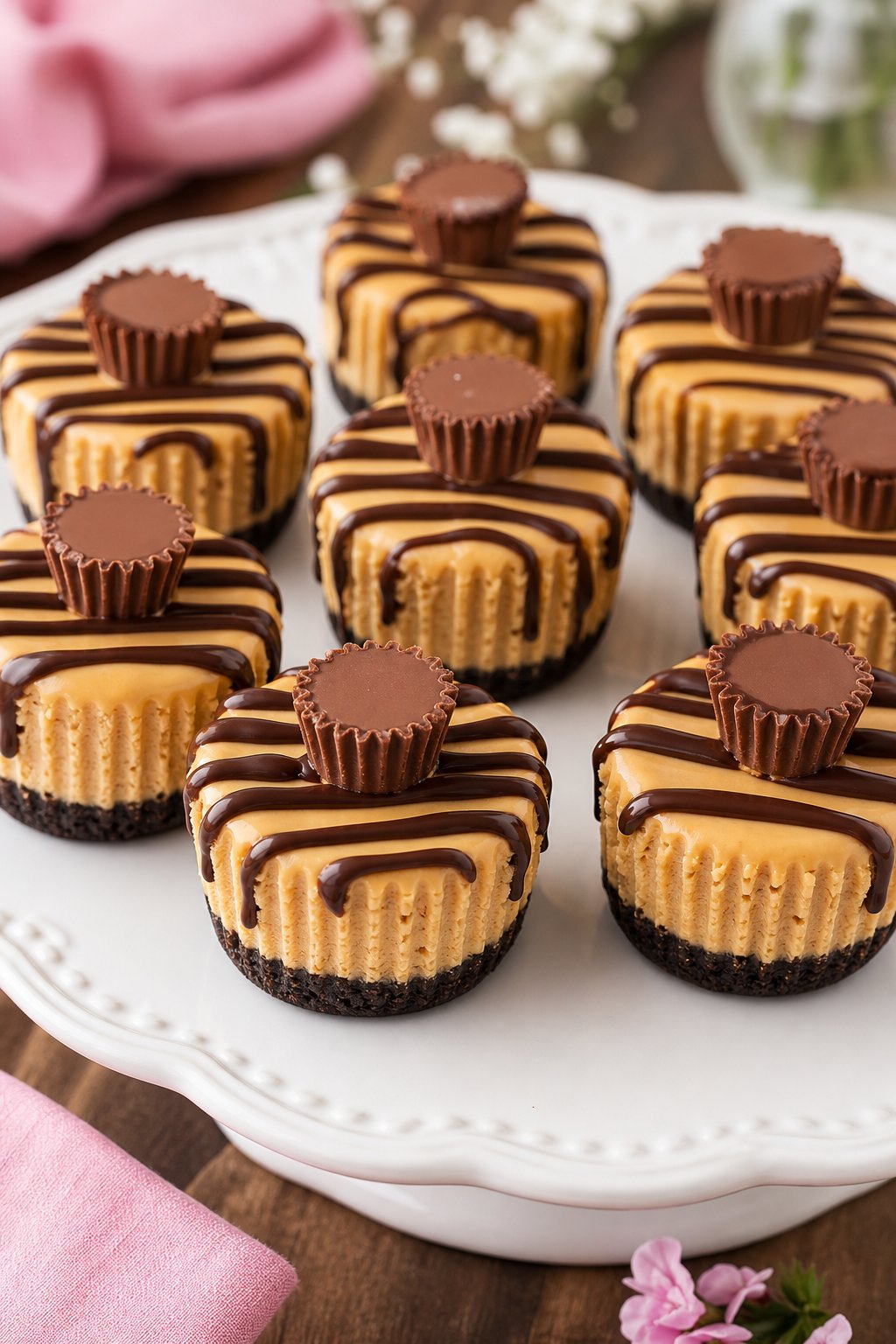 22 Mini Cheesecake Recipes for Parties That Will Make You the Host with the Most 12 A platter of mini peanut butter cup cheesecakes topped with chocolate and peanut butter cups on a wooden table with party decorations.