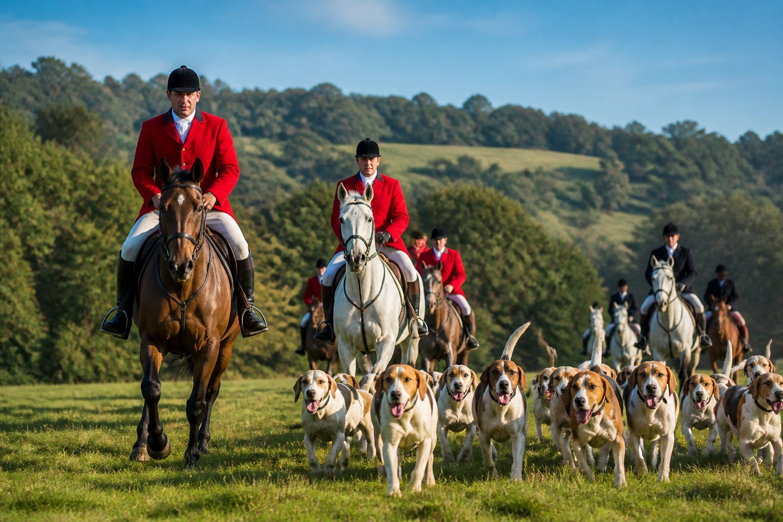 A group of riders in traditional fox hunting attire on horseback with a pack of foxhounds running ahead in a green countryside landscape.