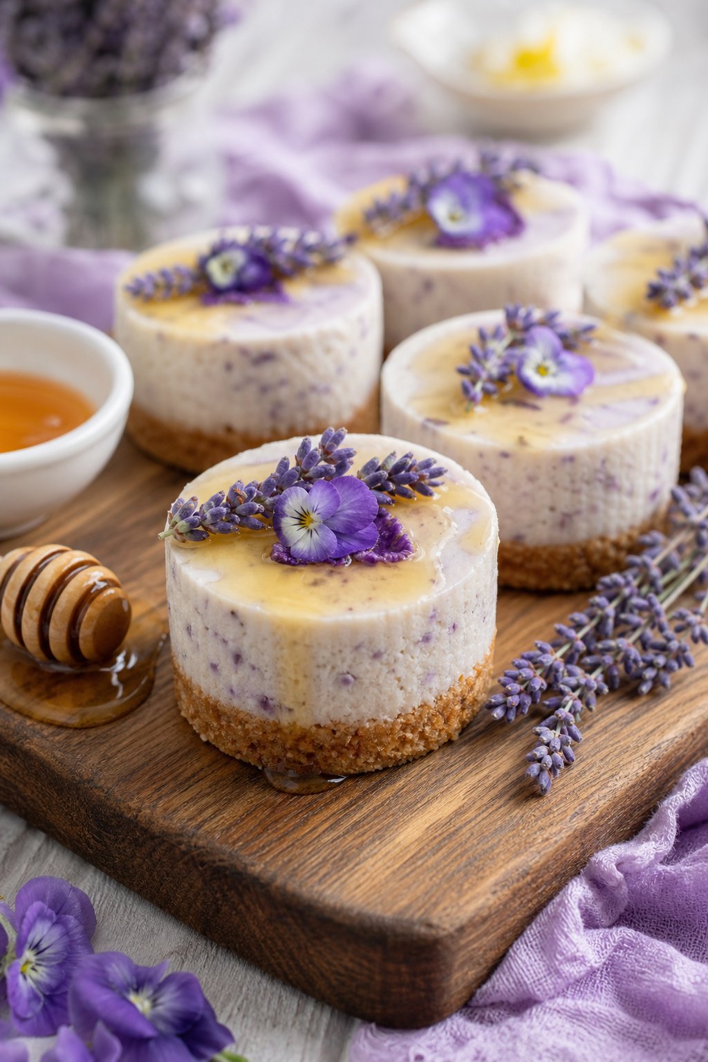 22 Mini Cheesecake Recipes for Parties That Will Make You the Host with the Most 13 Several mini lavender honey cheesecakes on a wooden board, garnished with lavender sprigs and honey drizzle.