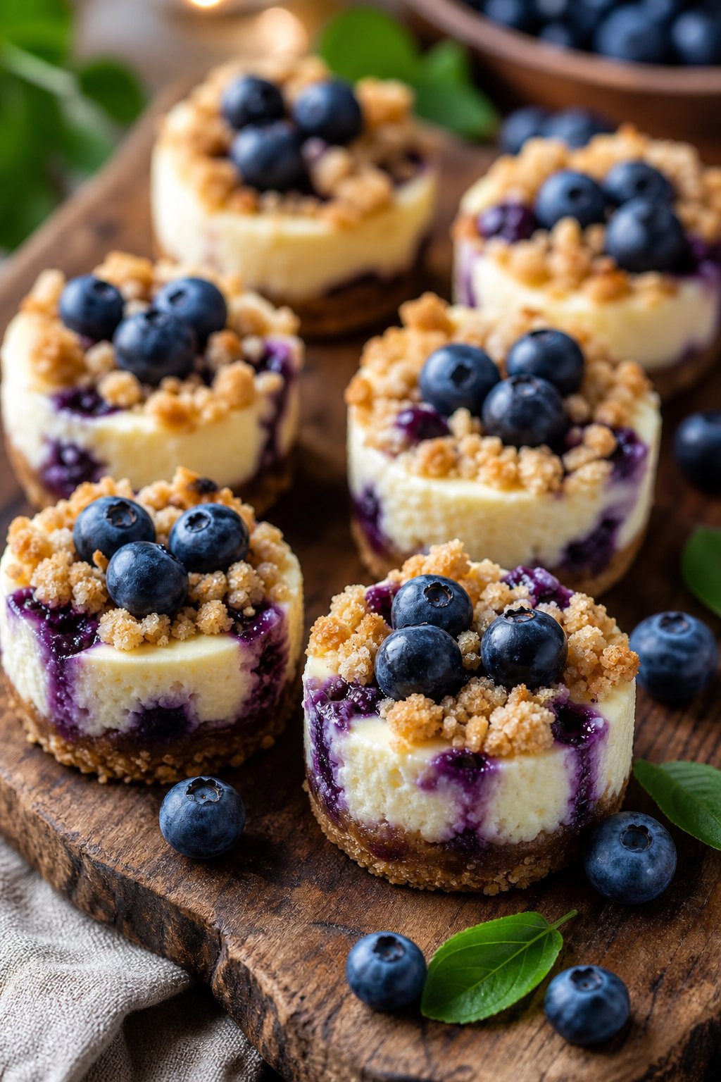 22 Mini Cheesecake Recipes for Parties That Will Make You the Host with the Most 14 Several mini blueberry streusel cheesecakes on a wooden board with fresh blueberries around them.