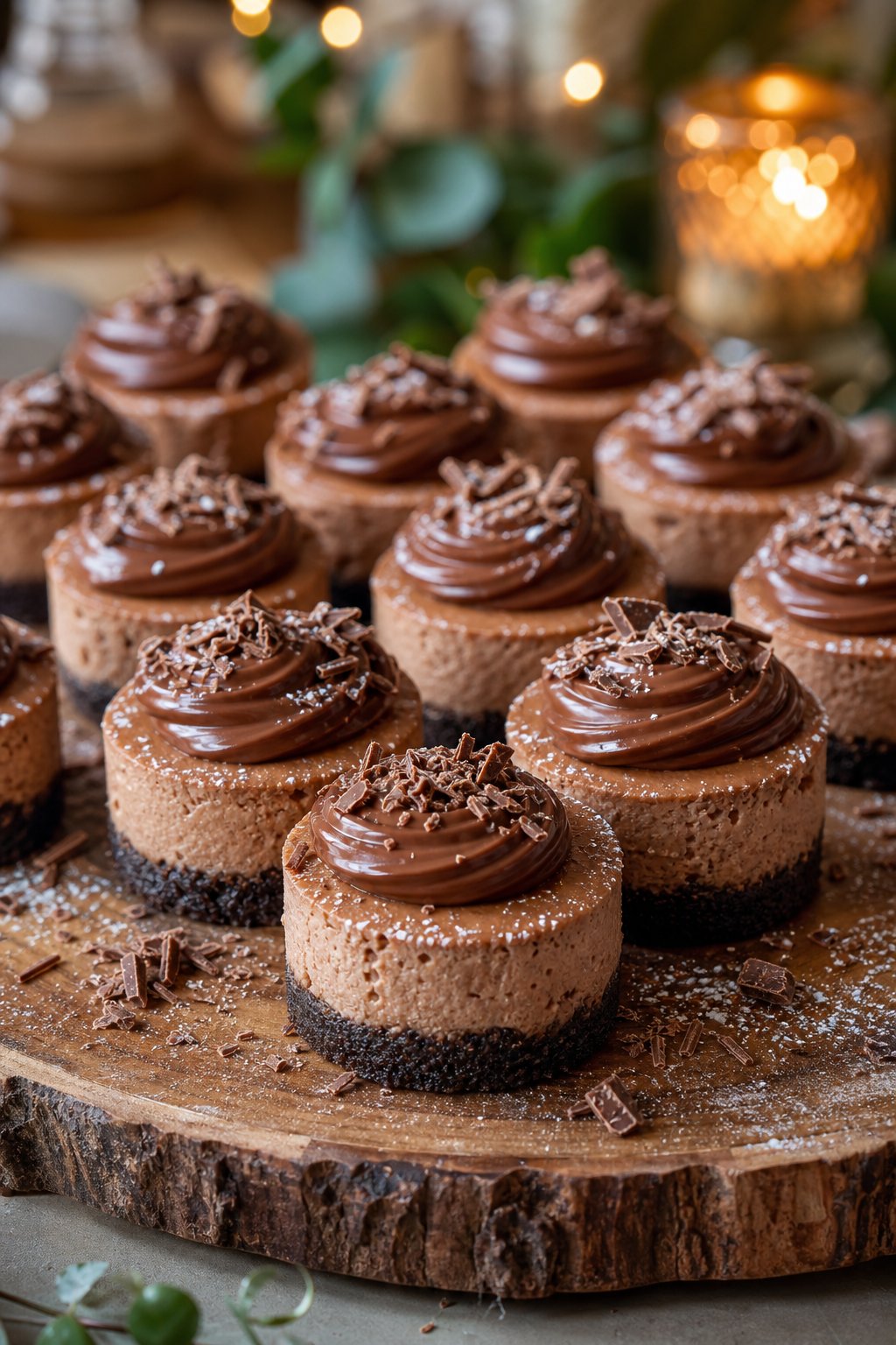 22 Mini Cheesecake Recipes for Parties That Will Make You the Host with the Most 15 A group of mini Nutella cheesecakes on a wooden board with chocolate swirls and garnishes, set in a warm, festive party environment.