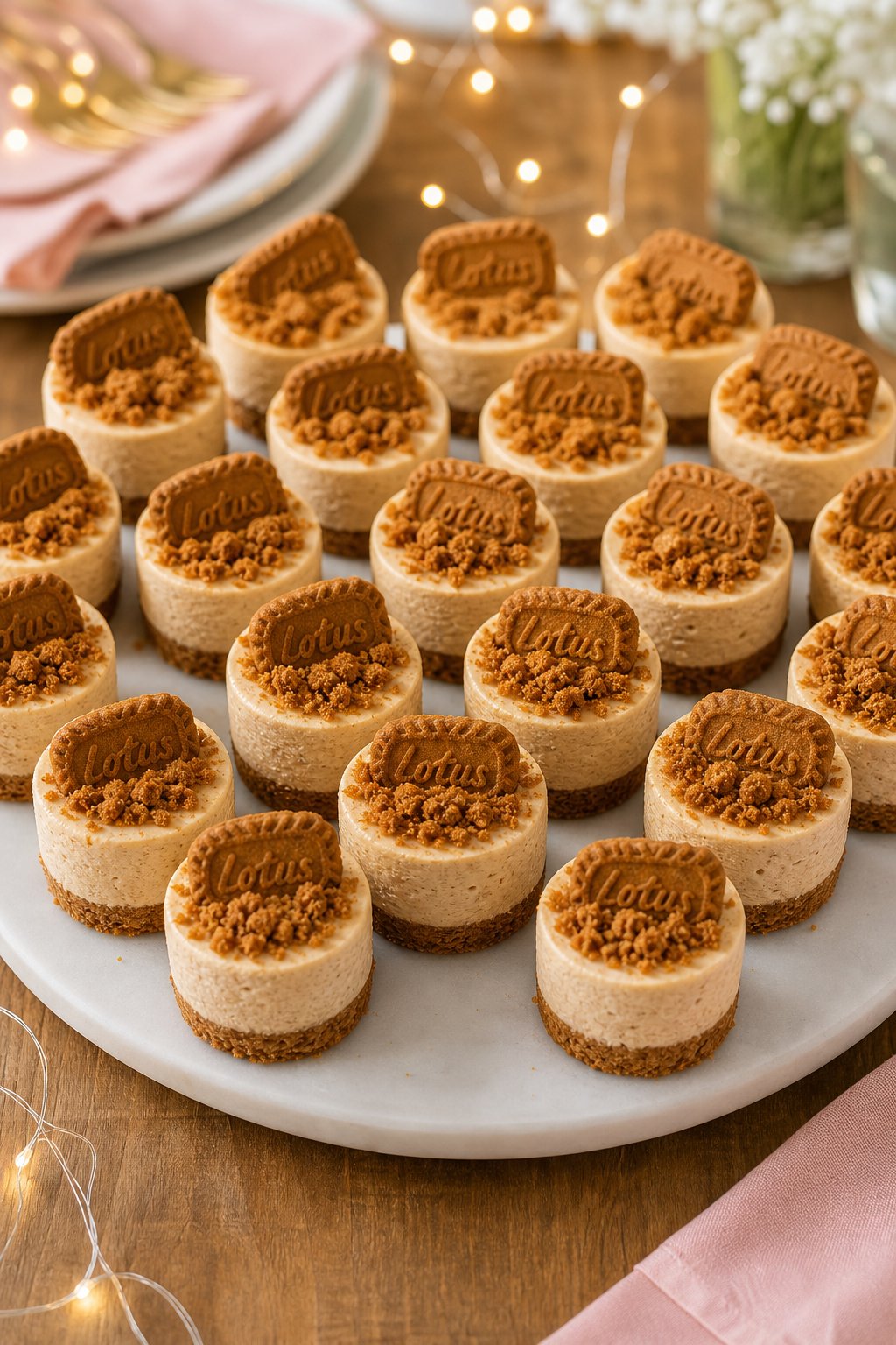 22 Mini Cheesecake Recipes for Parties That Will Make You the Host with the Most 16 A platter of 22 mini Biscoff cheesecakes topped with crushed cookies and biscuit pieces on a wooden table with soft lighting and festive decorations.