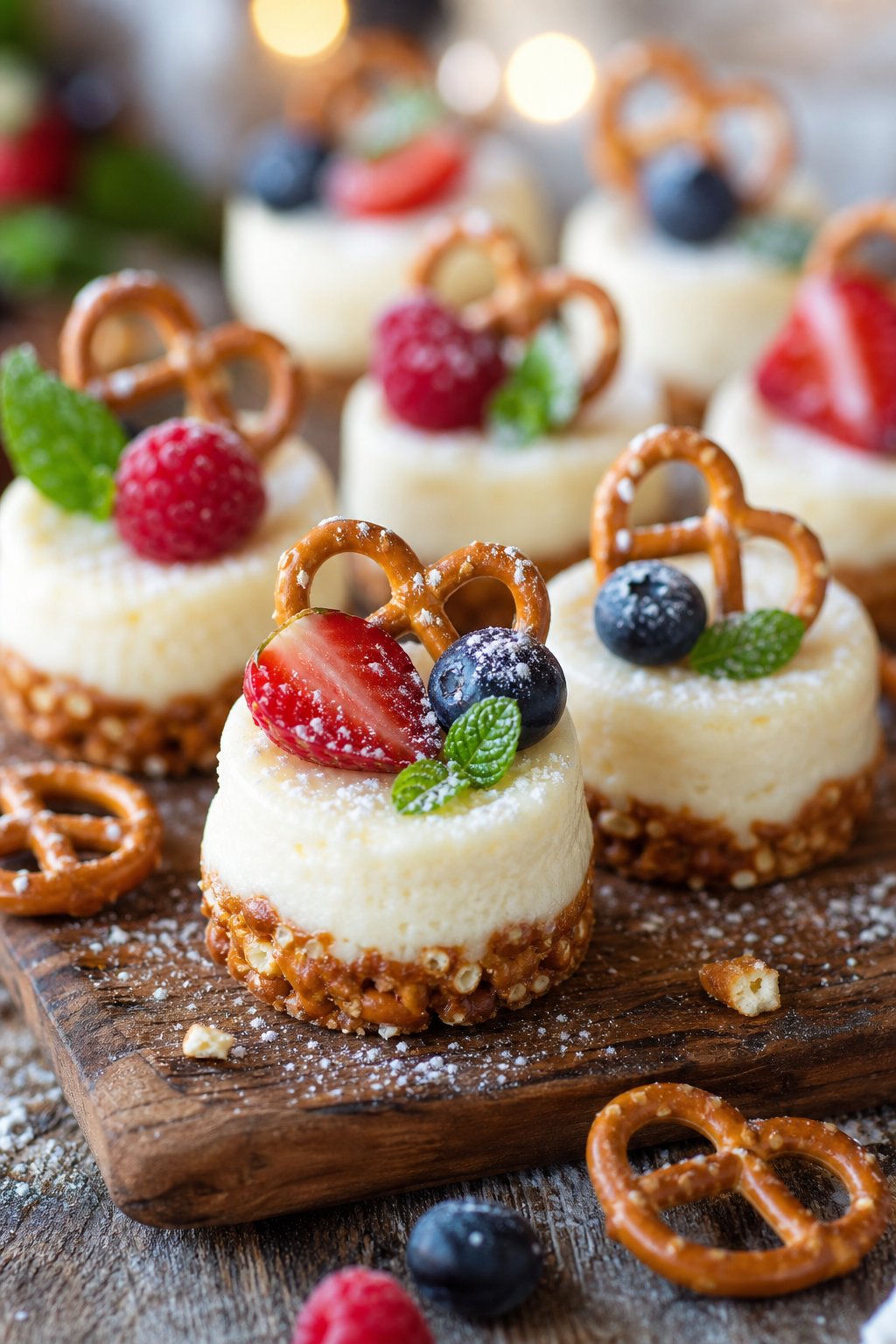 22 Mini Cheesecake Recipes for Parties That Will Make You the Host with the Most 17 Close-up of bite-sized mini cheesecakes with pretzel crusts arranged on a serving board with scattered pretzel pieces.