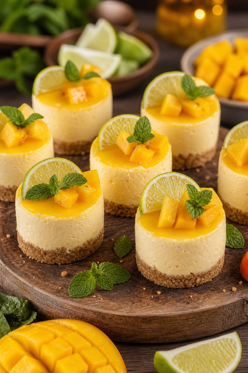 22 Mini Cheesecake Recipes for Parties That Will Make You the Host with the Most 18 Close-up of several mini mango lime cheesecakes on a wooden board, garnished with lime slices and fresh mango, with some mint leaves around.