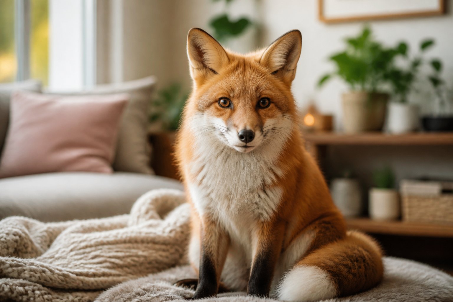 A domesticated red fox sitting calmly in a cozy indoor living room with natural light and plants.