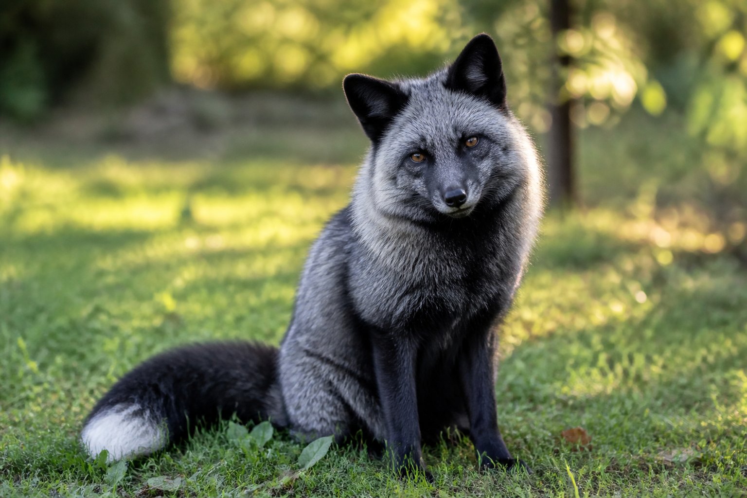 A calm silver fox sitting in a grassy outdoor area with trees in the background.
