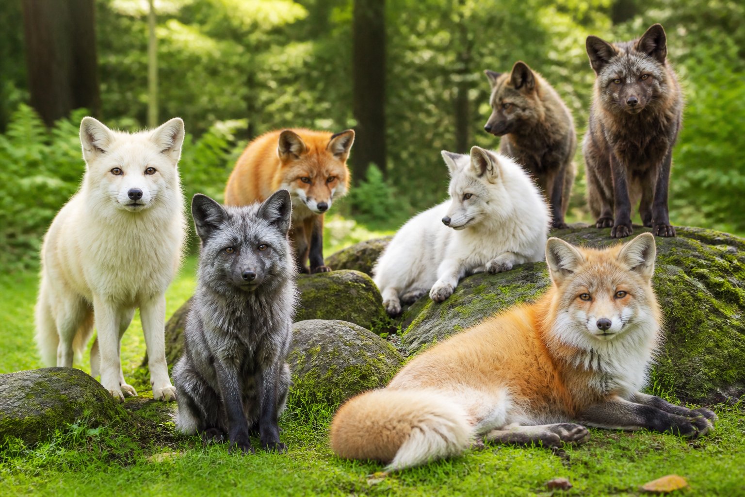 A group of foxes in a forest clearing with green trees and sunlight, showing different expressions and coat colors.