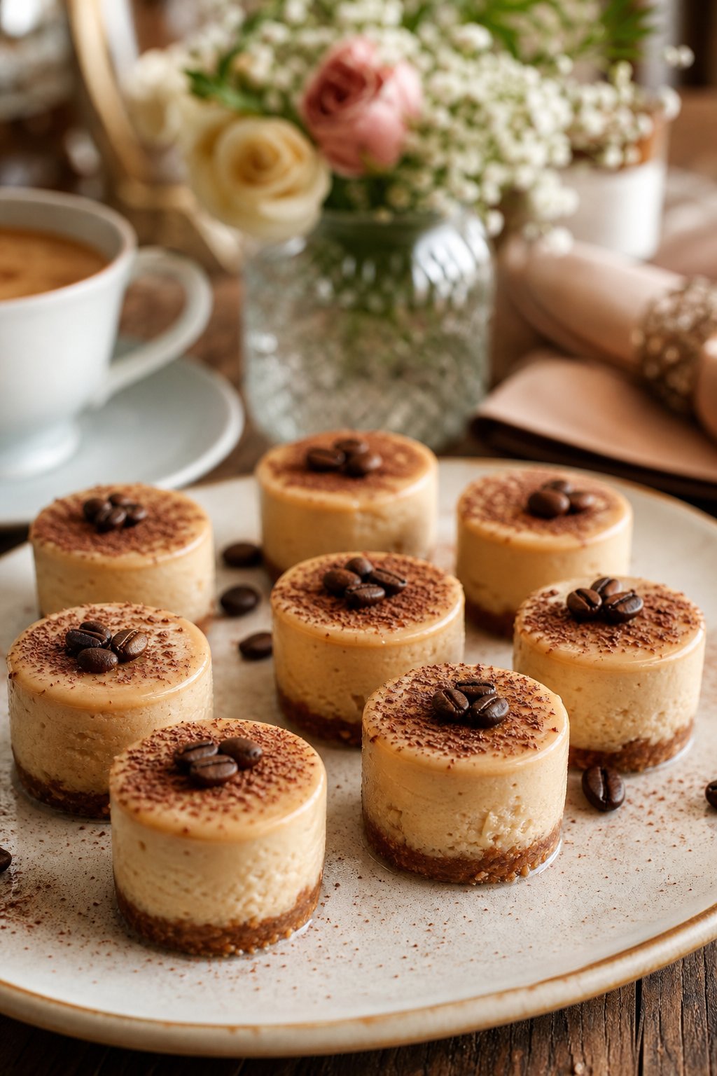 22 Mini Cheesecake Recipes for Parties That Will Make You the Host with the Most 19 A plate of mini espresso cheesecakes garnished with coffee beans and cocoa powder on a wooden table with a cozy party setting in the background.