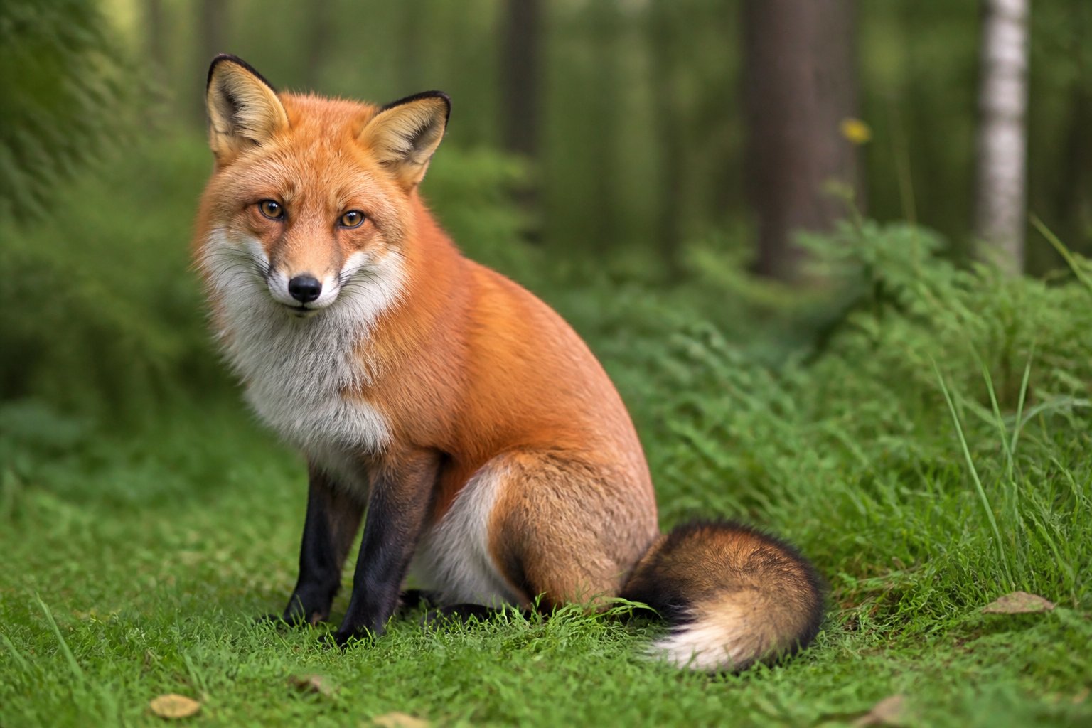 A calm Russian fox sitting on grass in a forested area, looking attentively at the camera.