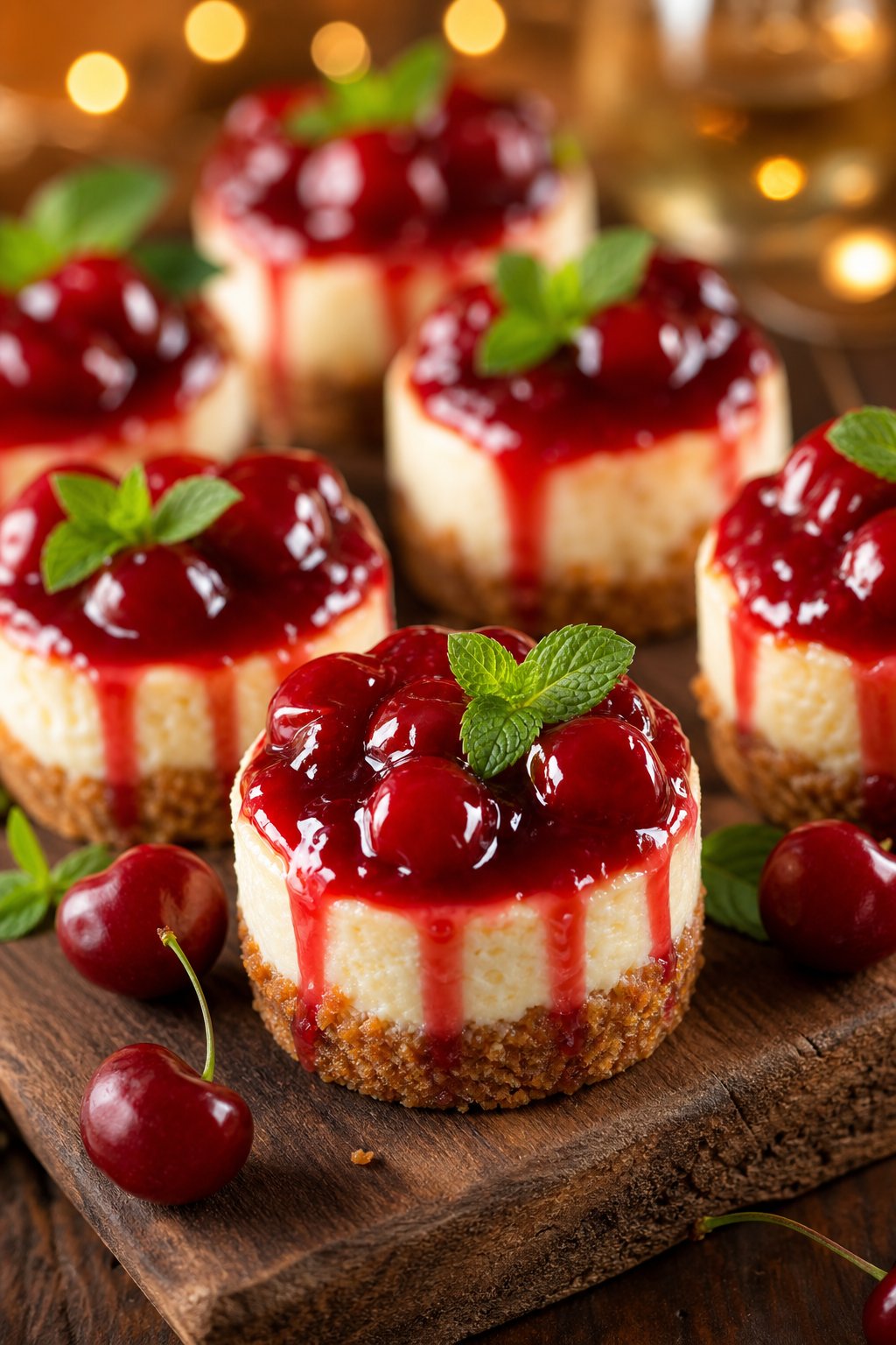 22 Mini Cheesecake Recipes for Parties That Will Make You the Host with the Most 20 Close-up of several mini cherry pie cheesecakes topped with cherries and sauce on a wooden serving board with scattered cherries and mint leaves.