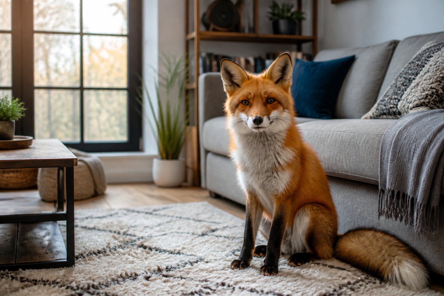 A tame fox sitting calmly on a rug in a cozy living room with natural light and home decor.