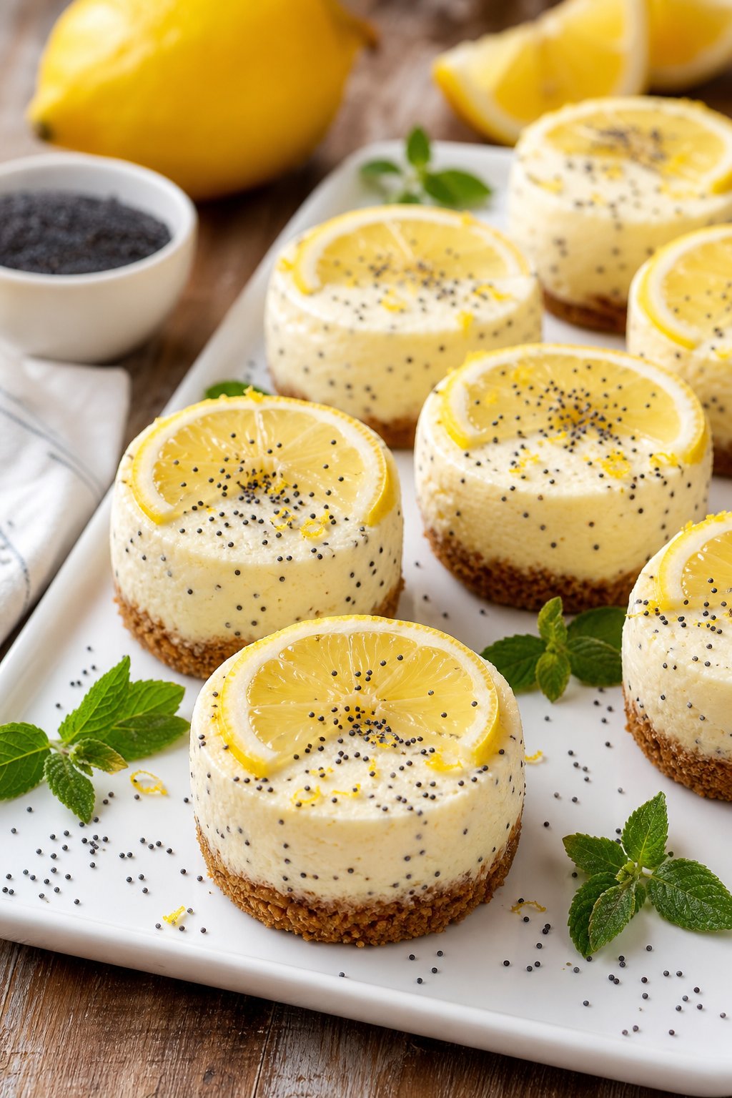 22 Mini Cheesecake Recipes for Parties That Will Make You the Host with the Most 21 Several mini lemon poppy seed cheesecakes arranged on a white platter with lemon slices and poppy seeds, placed on a wooden table with fresh lemons and mint leaves nearby.