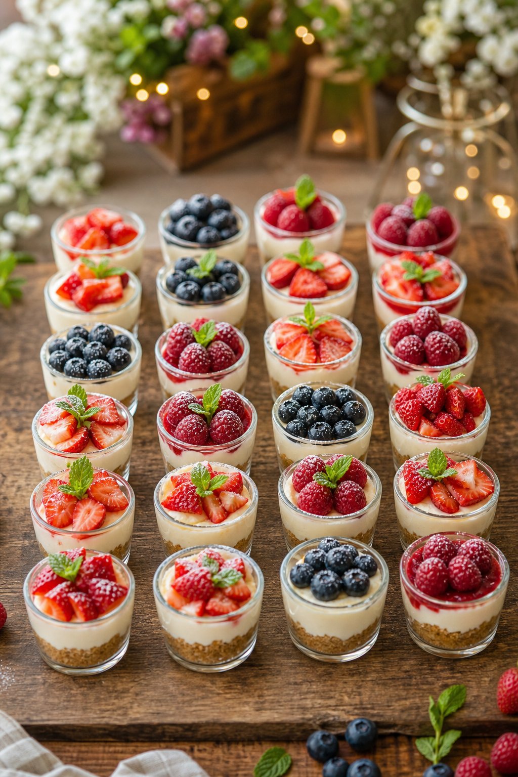 22 Mini Cheesecake Recipes for Parties That Will Make You the Host with the Most 22 Twenty-two mini cheesecake trifles in clear cups arranged on a wooden table, topped with fresh berries and mint leaves.