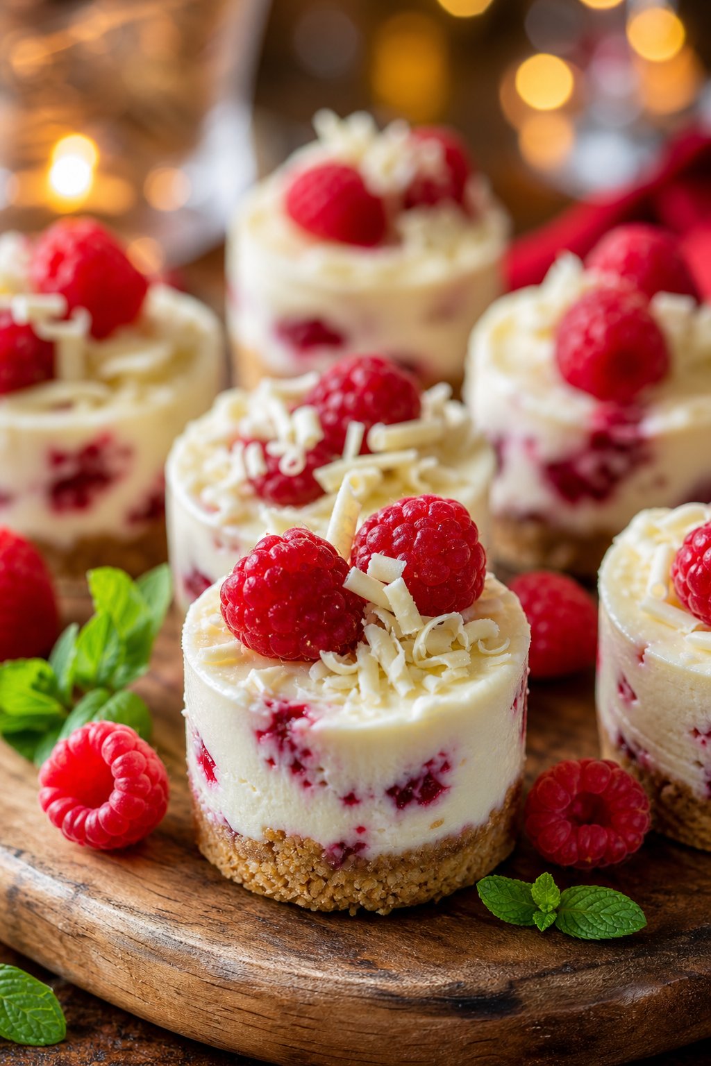 22 Mini Cheesecake Recipes for Parties That Will Make You the Host with the Most 23 Close-up of mini white chocolate raspberry cheesecakes topped with fresh raspberries and white chocolate shavings on a wooden serving board.