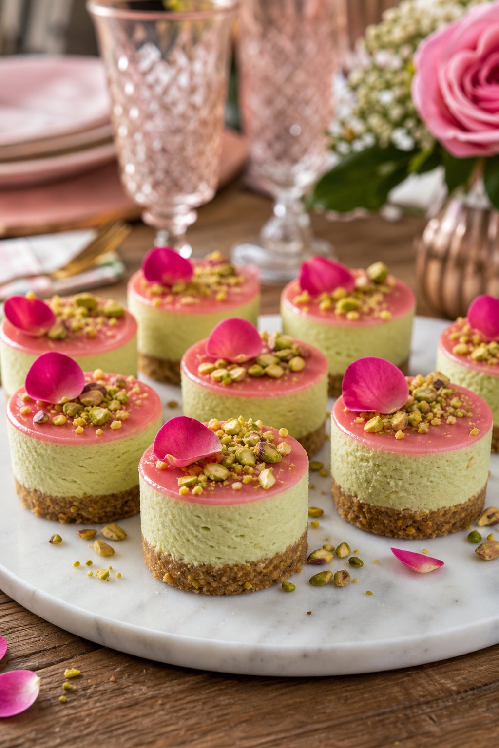 22 Mini Cheesecake Recipes for Parties That Will Make You the Host with the Most 24 A platter of small pistachio and rosewater cheesecakes garnished with crushed pistachios and rose petals on a wooden table with party decorations in the background.