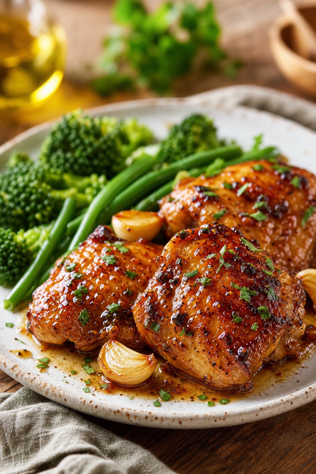 23 Honey Garlic Chicken Thigh Recipes You’ll Absolutely Love! 2 A plate of glazed honey garlic chicken thighs garnished with parsley and served with steamed green vegetables.