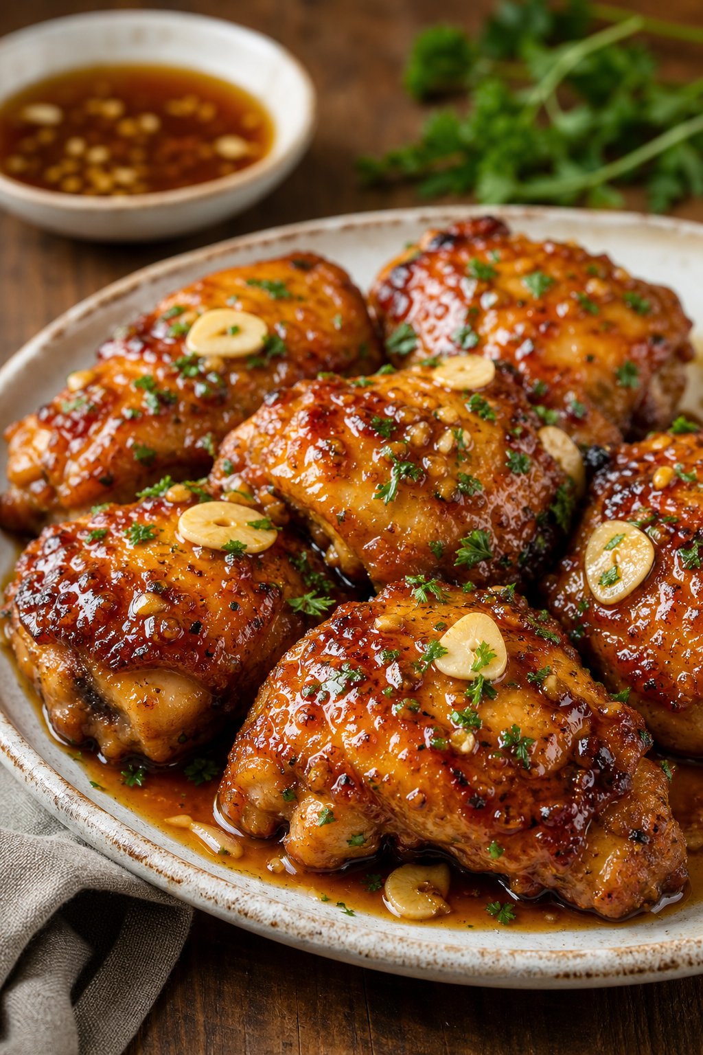 23 Honey Garlic Chicken Thigh Recipes You’ll Absolutely Love! 3 A plate of sticky honey garlic baked chicken thighs garnished with parsley and garlic slices on a wooden table.